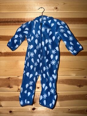 Columbia Blue Fleece Hooded One-Piece with White Snowflake Print W/ Hand & Feet